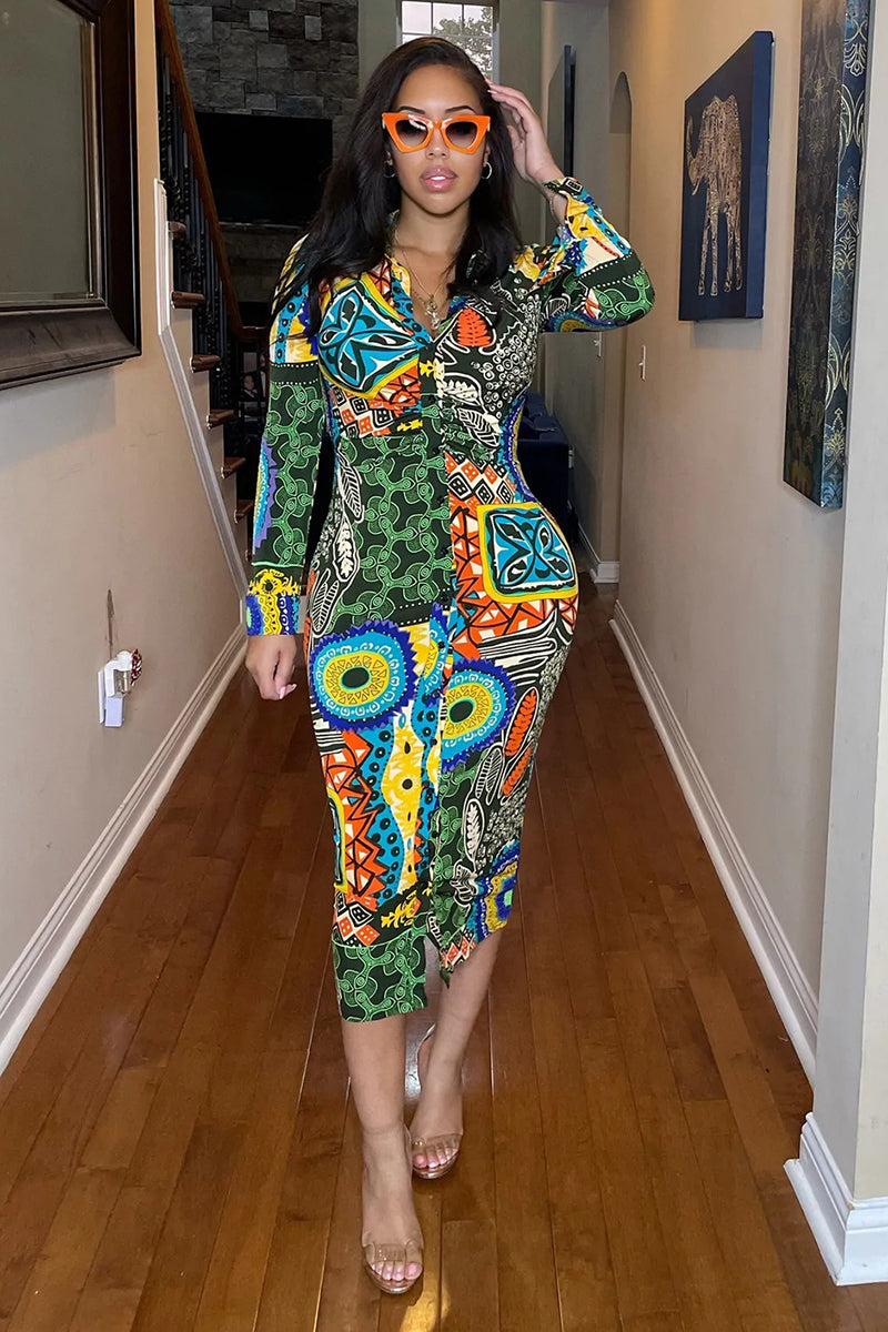 V Neck All Over Boho Print Long Sleeve Maxi Dress
