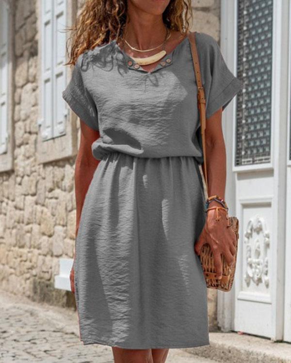 Basic Solid V Neck Linen Cotton A-Line Midi Dress