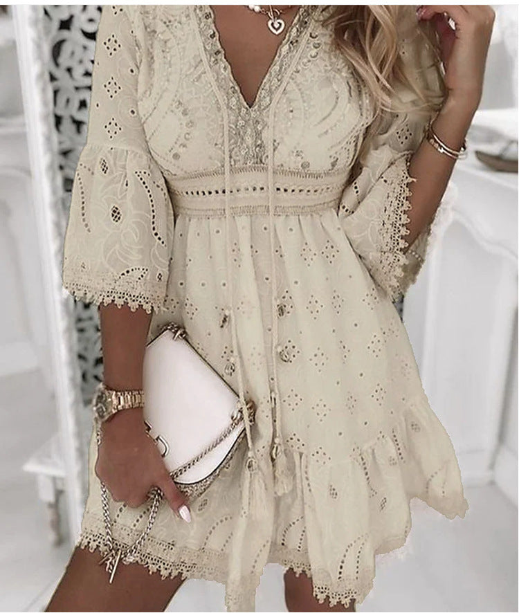 Women's Lace Embroidery Hollow Out 3/4 Length Sleeve Party Dress